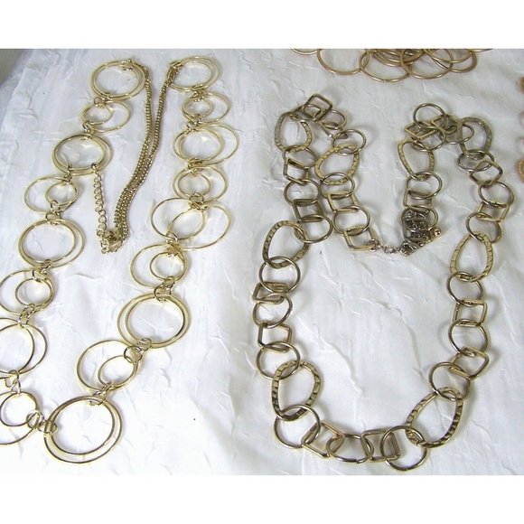 Gold Tone Costume Jewelry Lot Four Long Necklaces Circles and Hoops - Picture 4 of 10